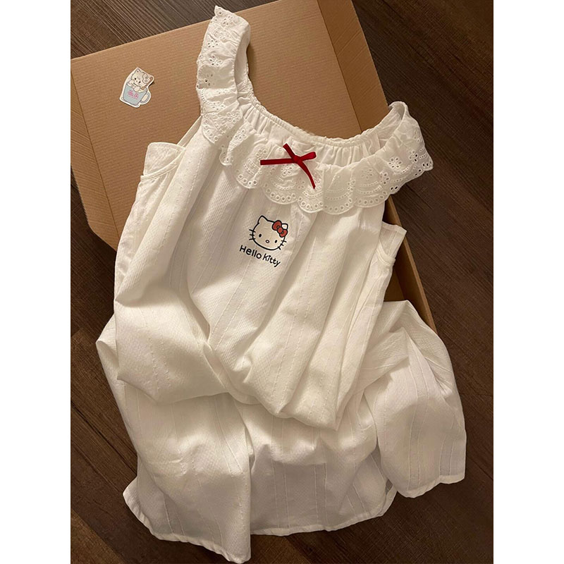 【蕾丝花边kitty】韩系可爱睡裙女夏季亲肤家居服连衣裙带胸垫睡衣