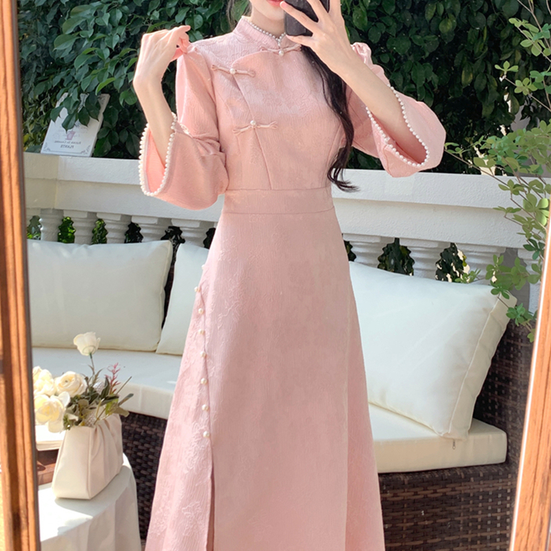 新中式国风优雅长袖连衣裙女春秋大码胖mm显瘦气质改良少女旗袍裙
