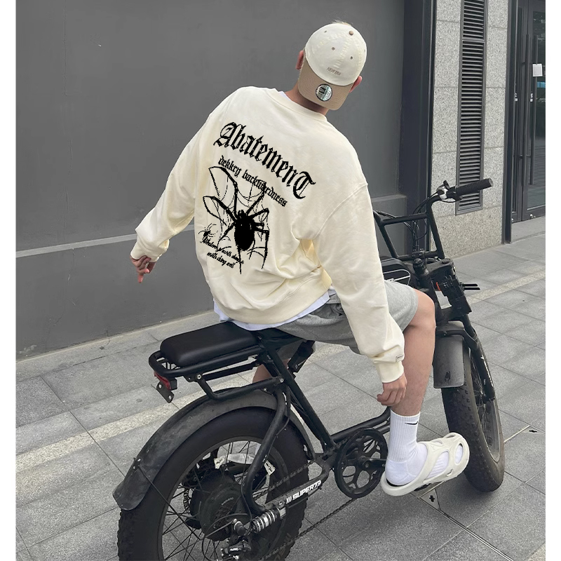 欧美潮牌设计感蜘蛛印花无帽男士卫衣早秋季ins街头痞帅圆领上衣
