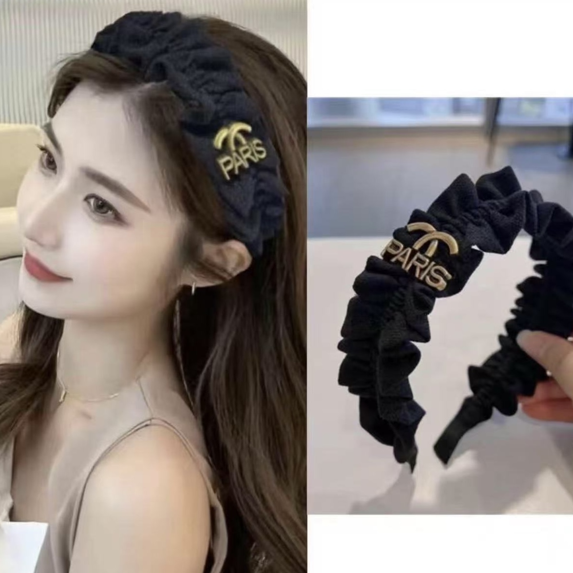 布艺发饰韩版气质合金字母黑色褶皱发箍多巴胺发夹宝藏旅行好物