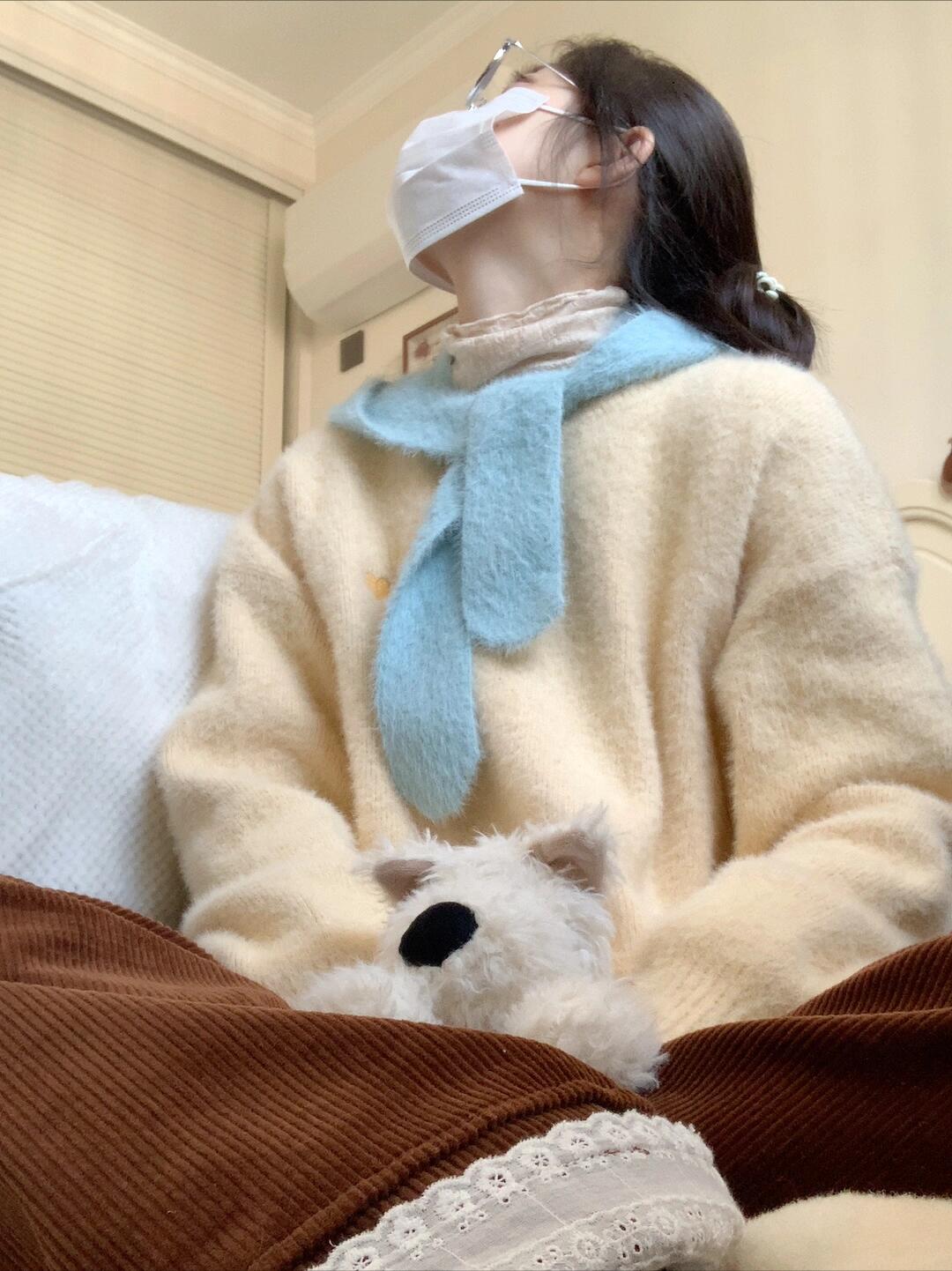 糯叽叽鹅黄水貂毛爱心刺绣毛衣女秋季圆领休闲长袖撞色 带帽子