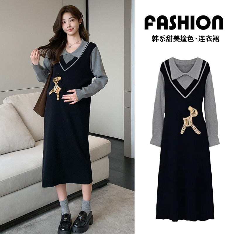 孕妇连衣裙2025秋季韩版新款时尚提花中长秋冬款包芯纱假两件裙