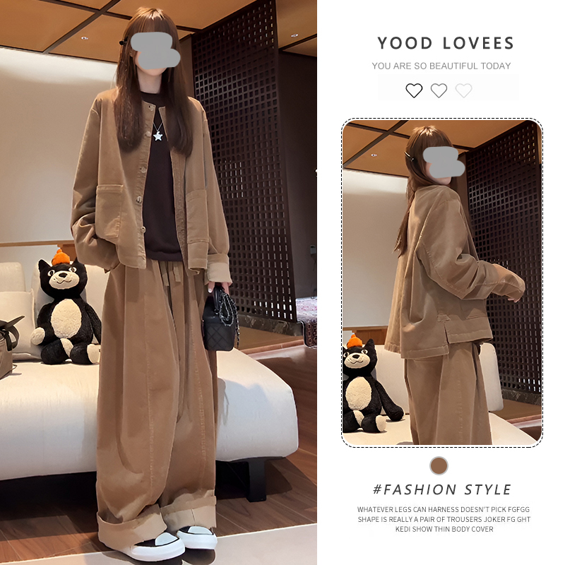 春秋搭配一整套装2025新款韩系气质宽松圆领系扣外套阔腿裤两件套