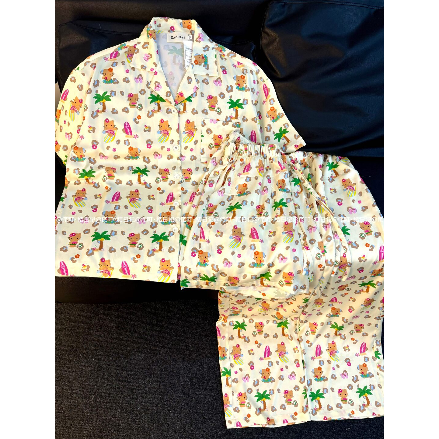 侘町2025新款夏威夷豹纹kitty冰丝睡衣可爱卡通家居服小众休闲风