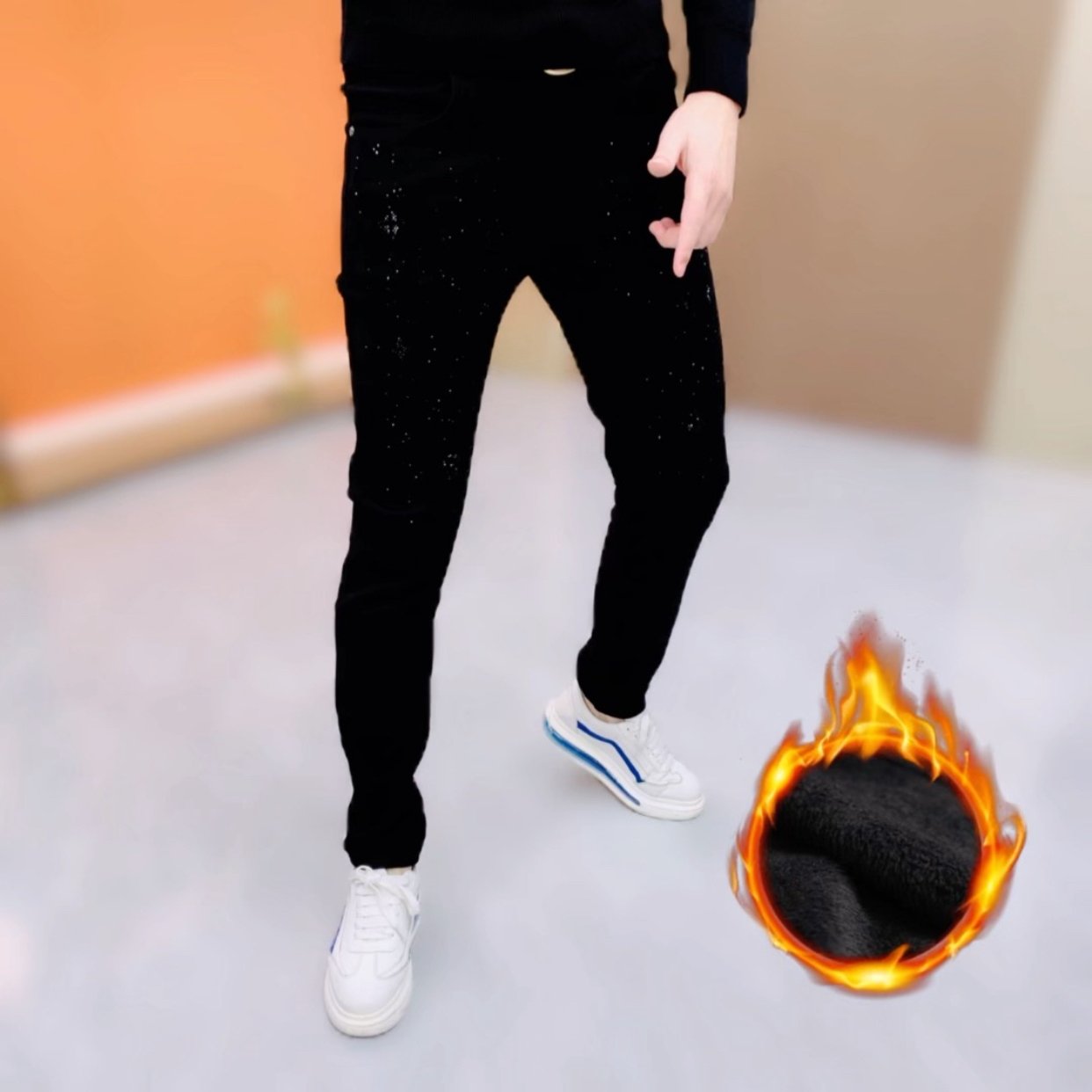 阿凯严选   欧洲站秋冬新款男士时尚小脚高弹烫钻轻奢修身牛仔裤