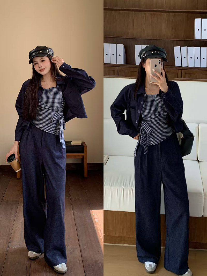 2025秋装新款胖mm大码女别致格子吊带牛仔外套阔腿裤三件套22978