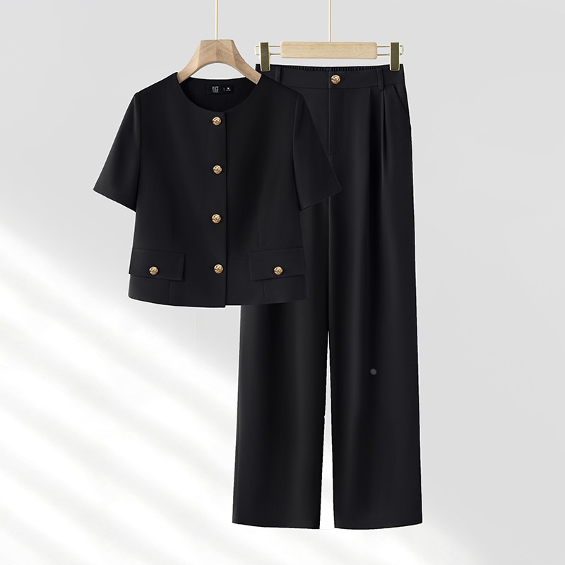 黑色短款小香风夏装套装裤女夏季薄款高级感韩版气质短袖西装外套