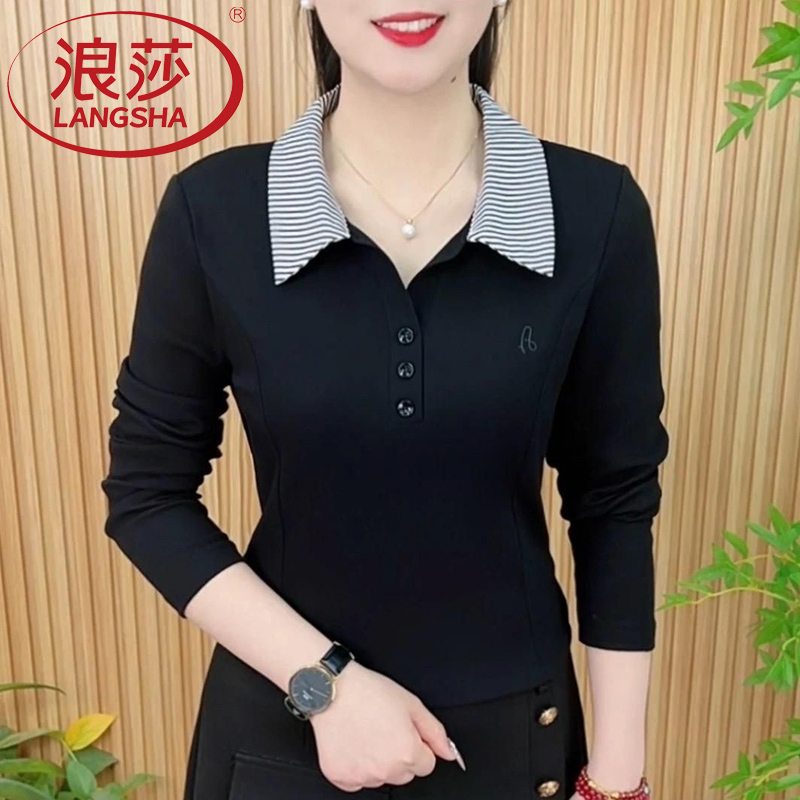 浪莎上档次女士春秋长袖t恤爆款减龄POLO翻领T恤大码显瘦休闲上衣