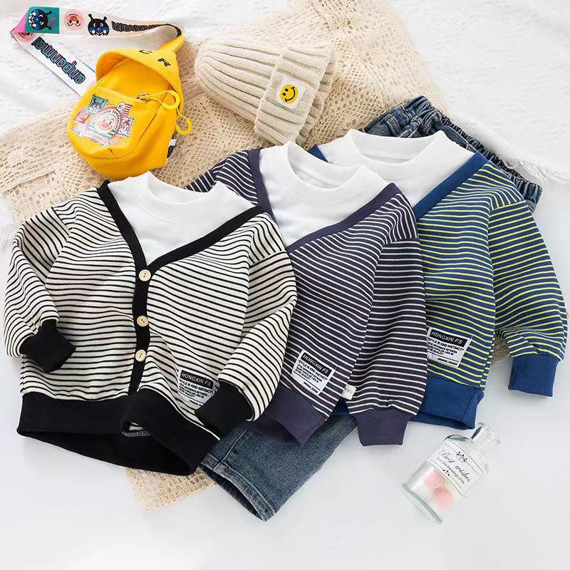 儿童春秋新款男童帅气假两件韩版条纹休闲打底衫卫衣YH