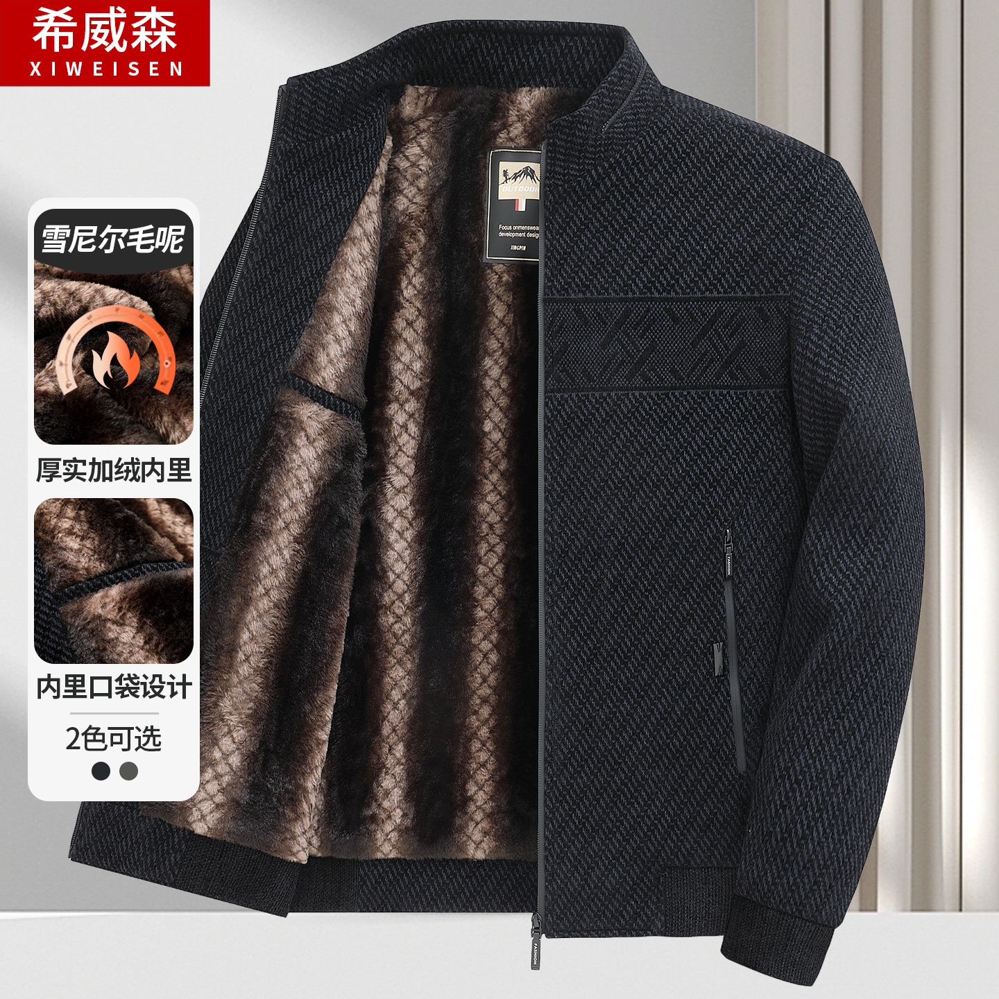 爸爸雪尼尔外套男秋冬款加绒加厚中老年毛呢保暖夹克中年男士冬装