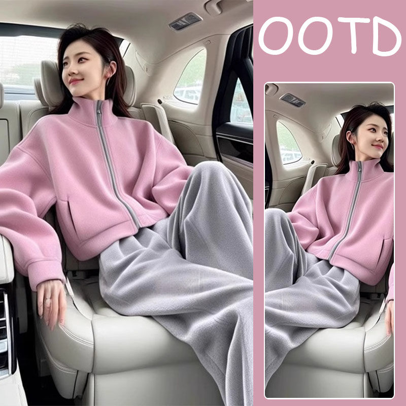 小个子显高穿搭又a又飒2025早秋粉色外套阔腿裤休闲韩里韩气套装