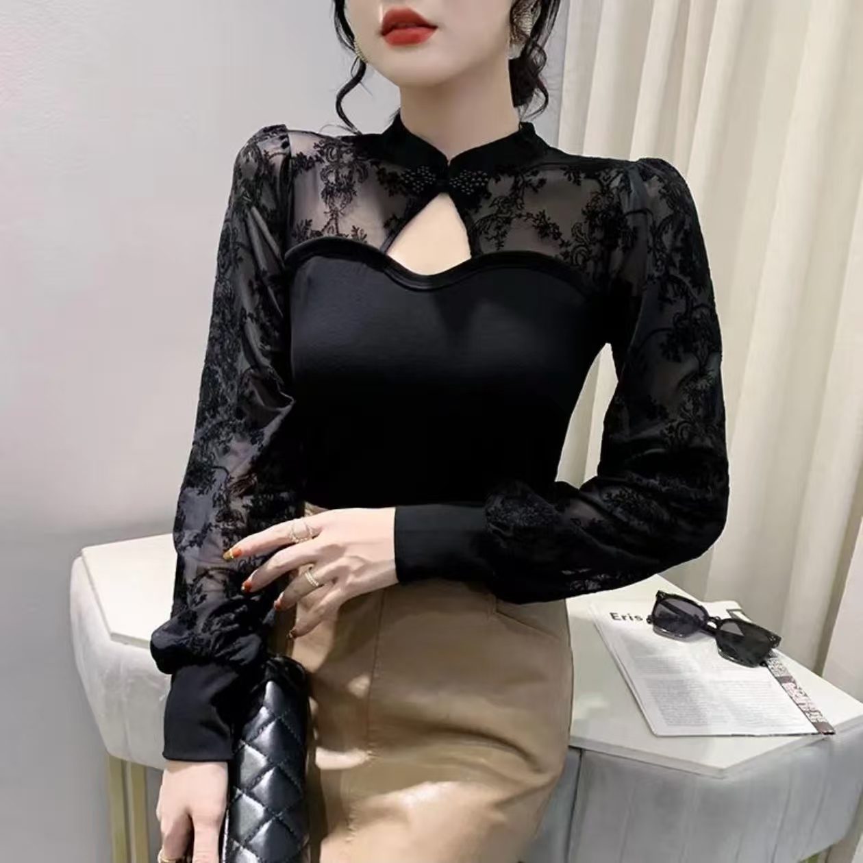 立领纱网渐变染色印花拼接T恤洋气气质百搭网红日系