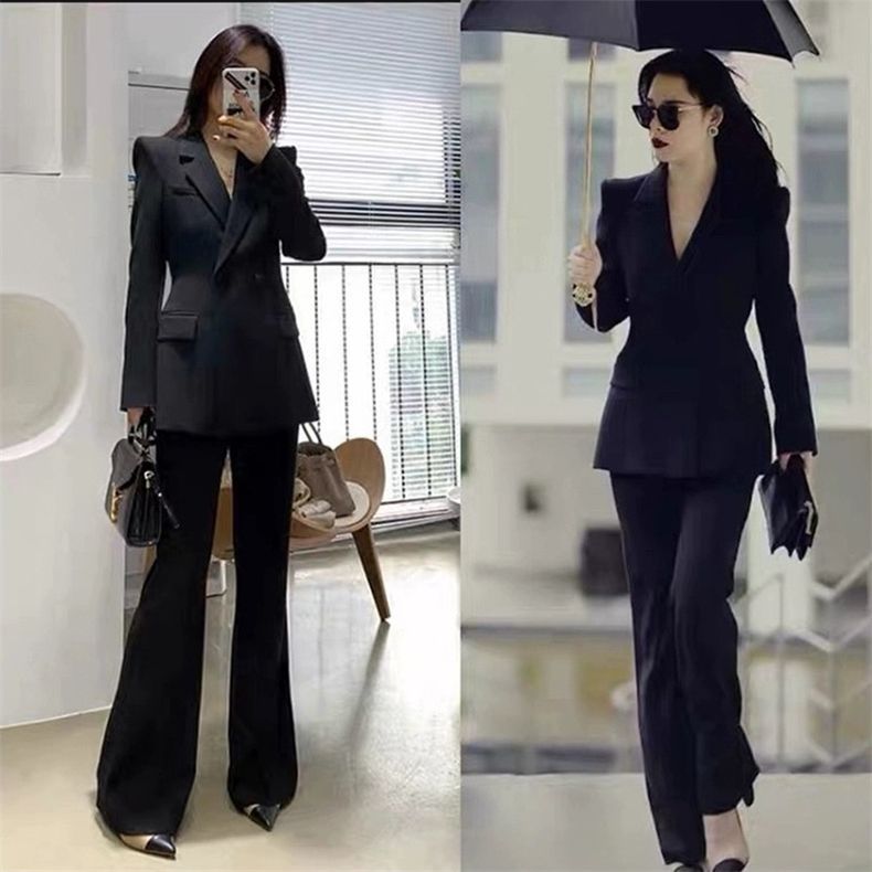 黑色工作服女职业2025新款春秋气质干练微喇阔腿裤西装套装女西服