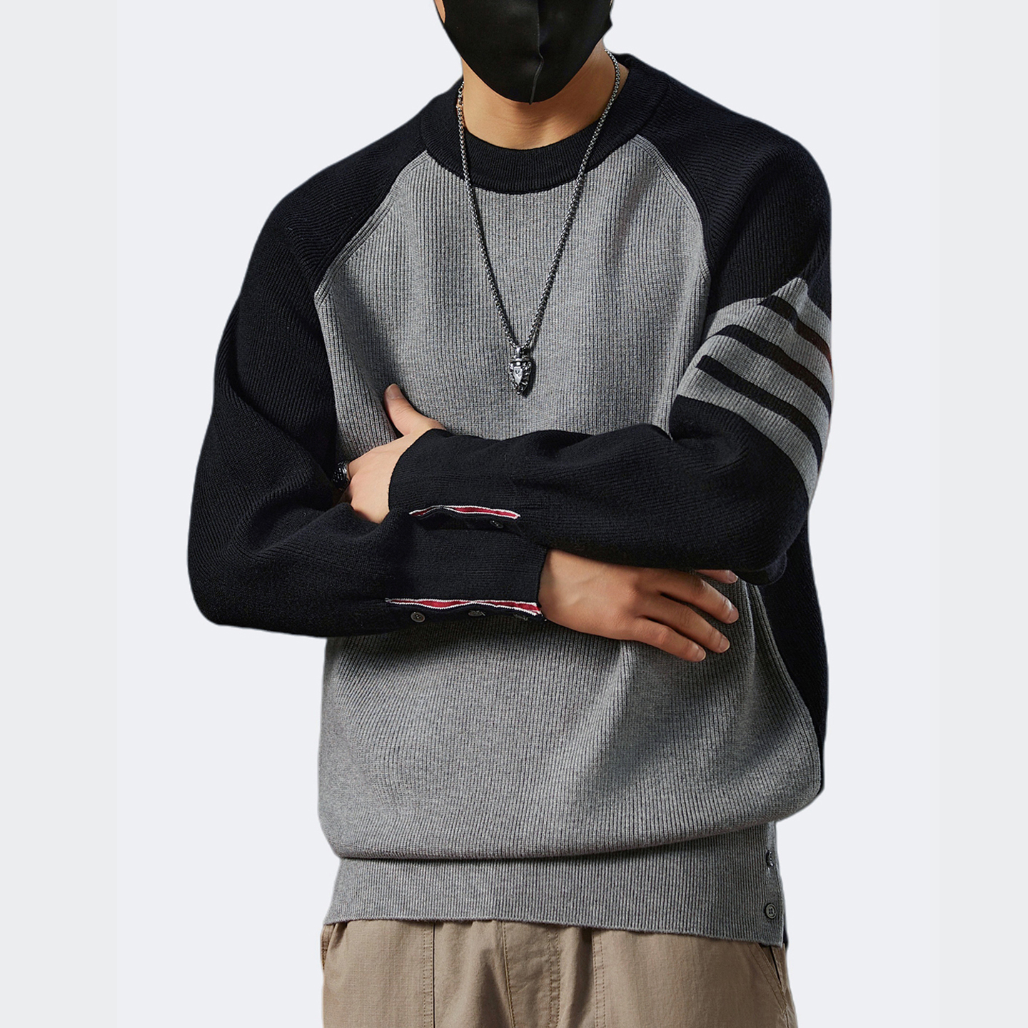 潮流拼色套头毛衣男款秋冬季时尚休闲tb针织打底衫男圆领内搭开叉