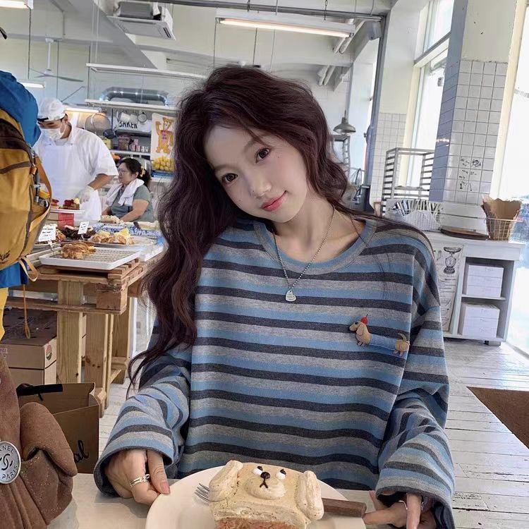 韩系设计感条纹长袖T恤女2025秋季新款宽松中长款撞色慵懒风上衣