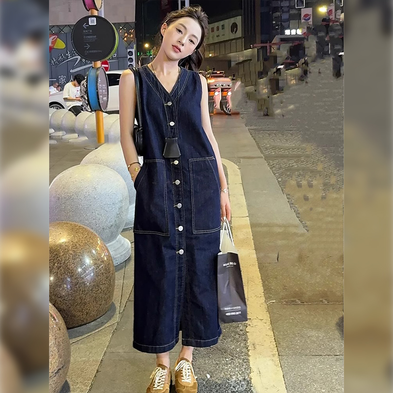 夏季中长款无袖宽松高腰背带裙V领长裙春季连衣裙