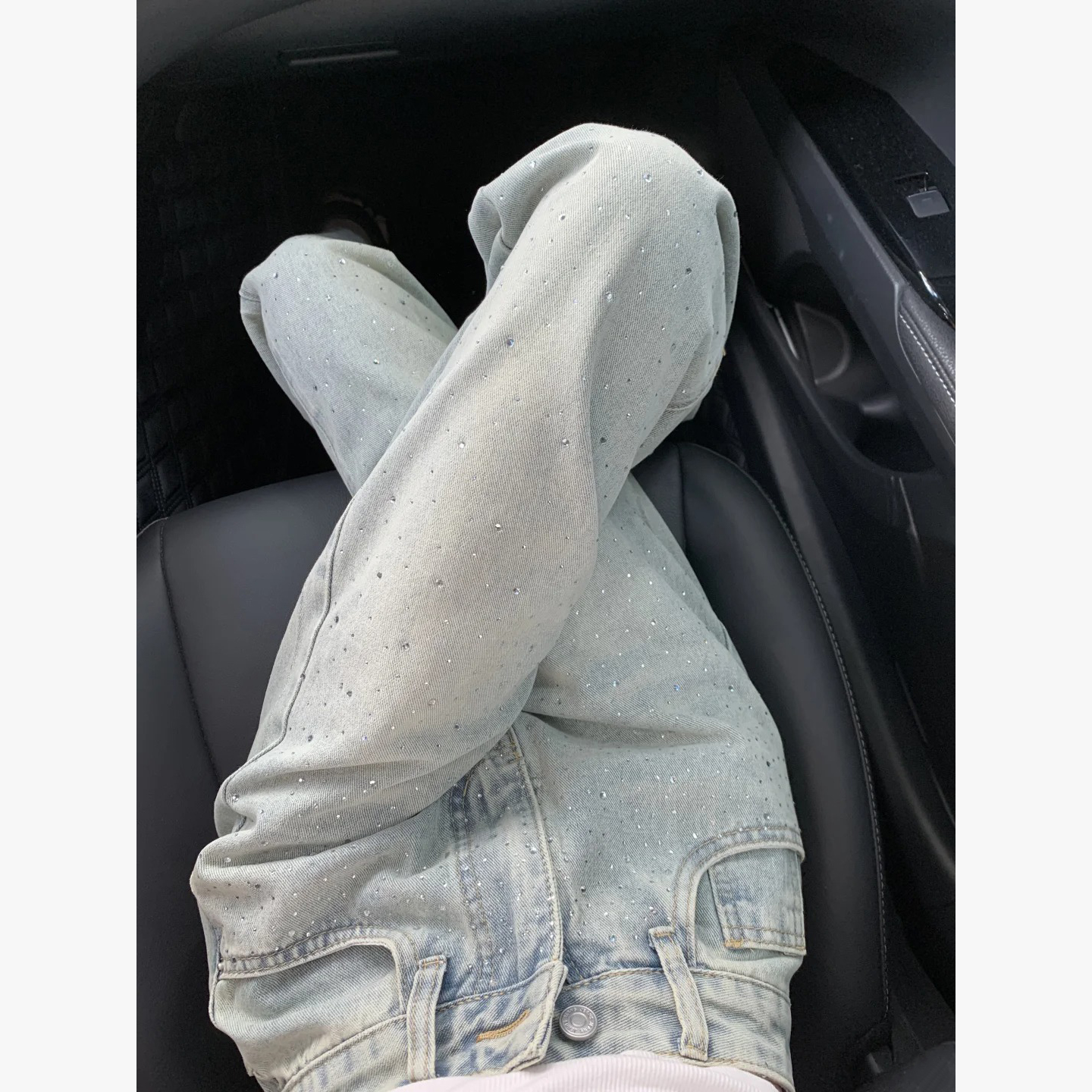 浅色高腰烫钻阔腿牛仔裤女2025秋季新款时尚小个子百搭直筒拖地裤