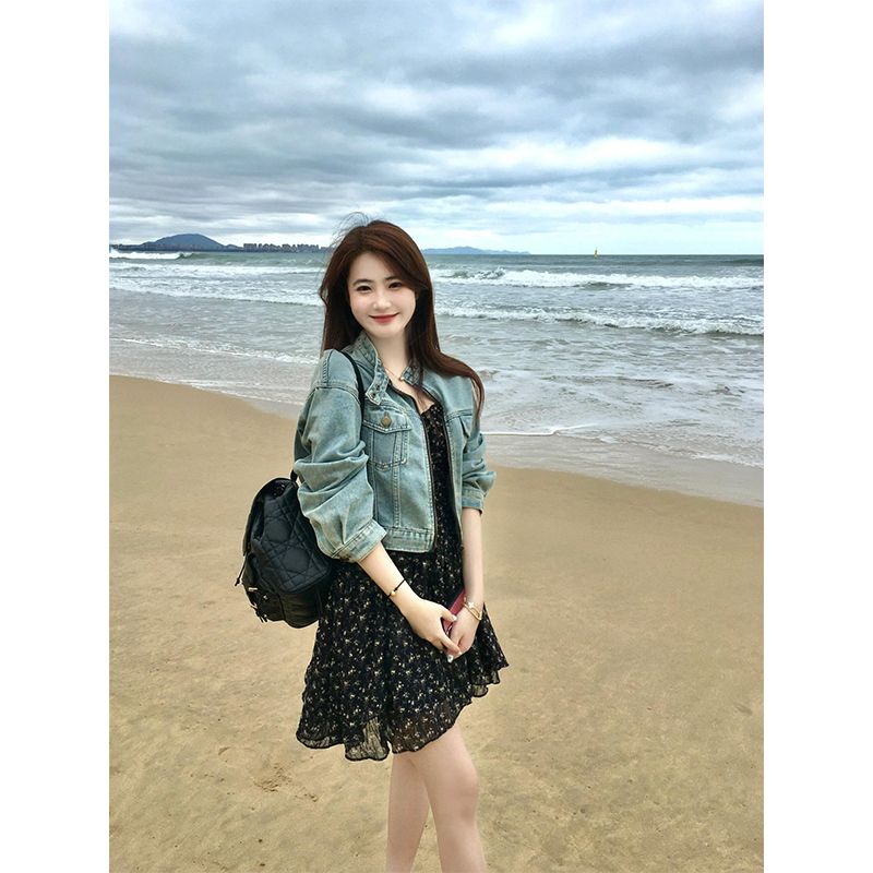 2025春季新款复古水洗宽松休闲百搭牛仔外套女碎花连衣裙两件套潮