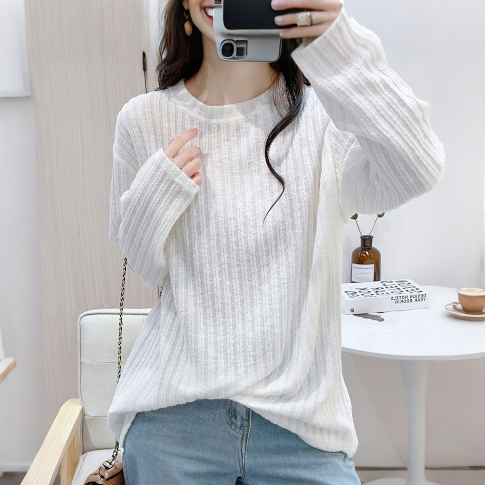 肌理感圆领长袖t恤女春秋季洋气别致针织衫温柔显瘦时髦打底上衣