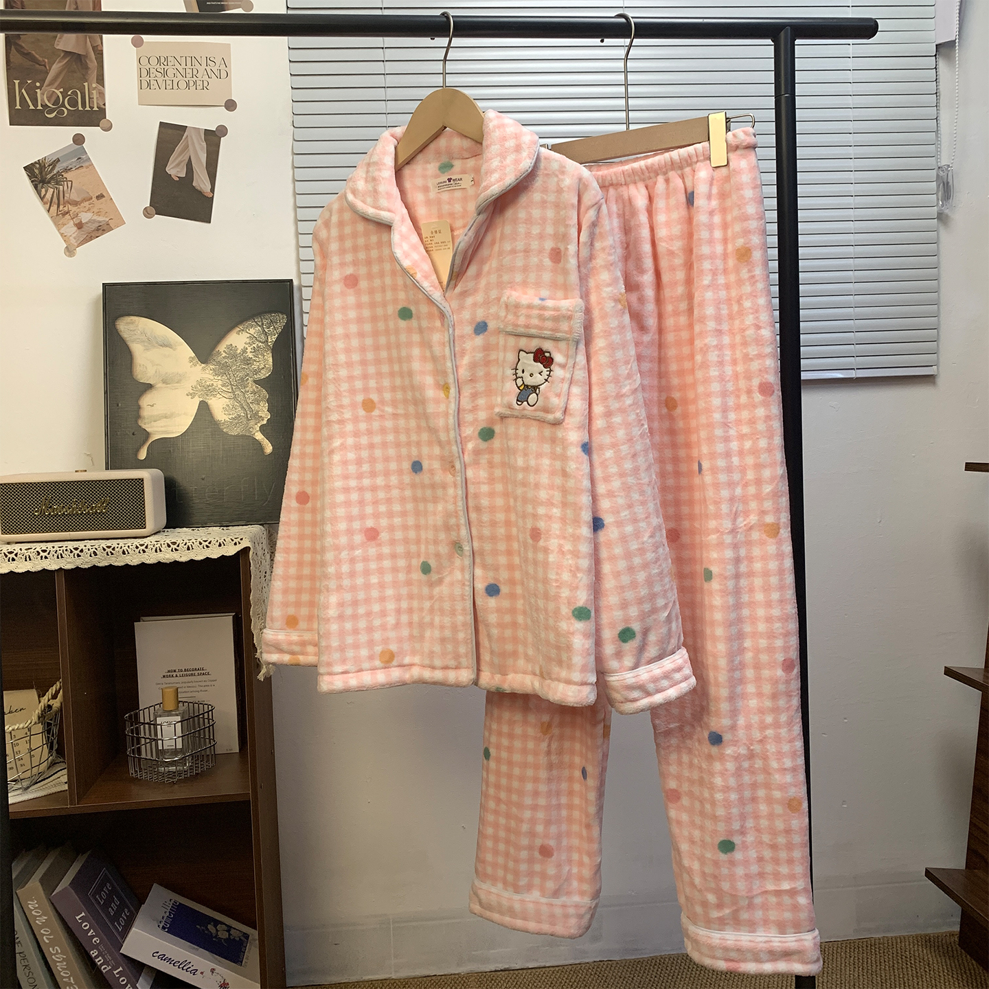 珊瑚绒秋冬季睡衣女卡通可爱Kitty猫加厚保暖可外穿法兰绒家居服