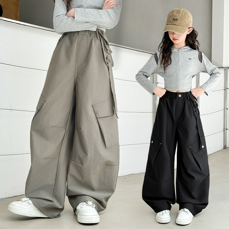 女童工装裤秋季新款休闲裤高腰百搭宽松显瘦春秋直筒中大童阔腿裤