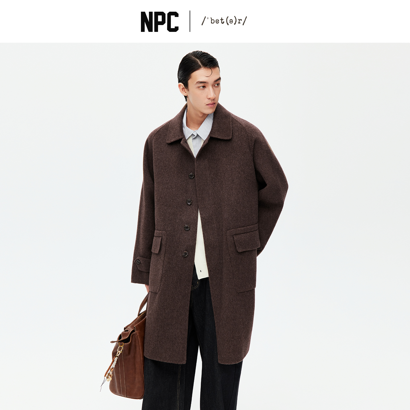 NPC潮牌100%绵羊毛翻盖口袋毛呢长款大衣开衩廓形男挺括NP58WC33