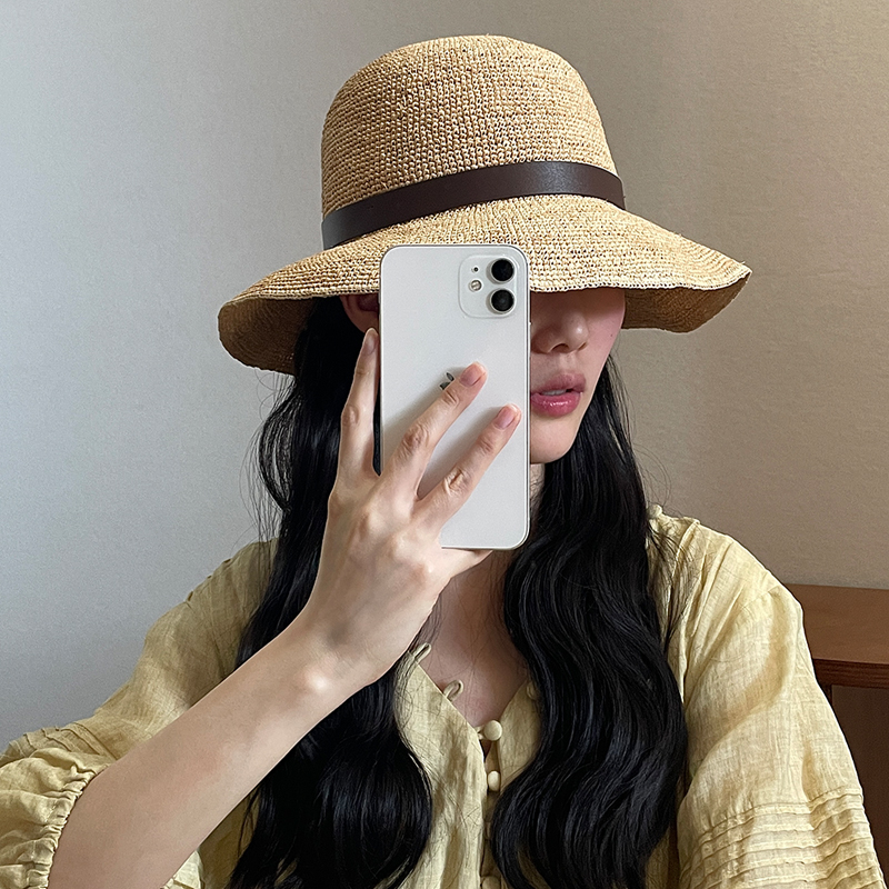 天然拉菲草手工草帽女渔夫帽透气遮阳帽夏季海边出游度假防晒盆帽