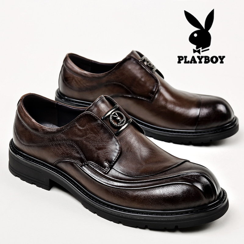 花花公子男士皮鞋真皮商务正装宽脚大头一脚蹬黑色棕色结婚新郎鞋