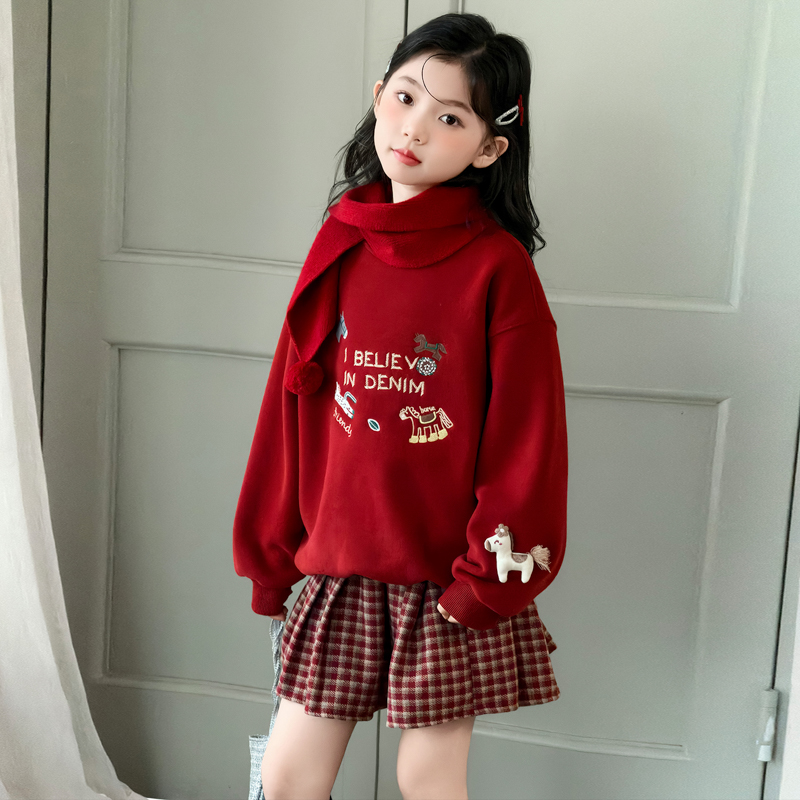 女童小马刺绣卫衣红色洋气显白中大童2025新款加绒套头上衣甜美风