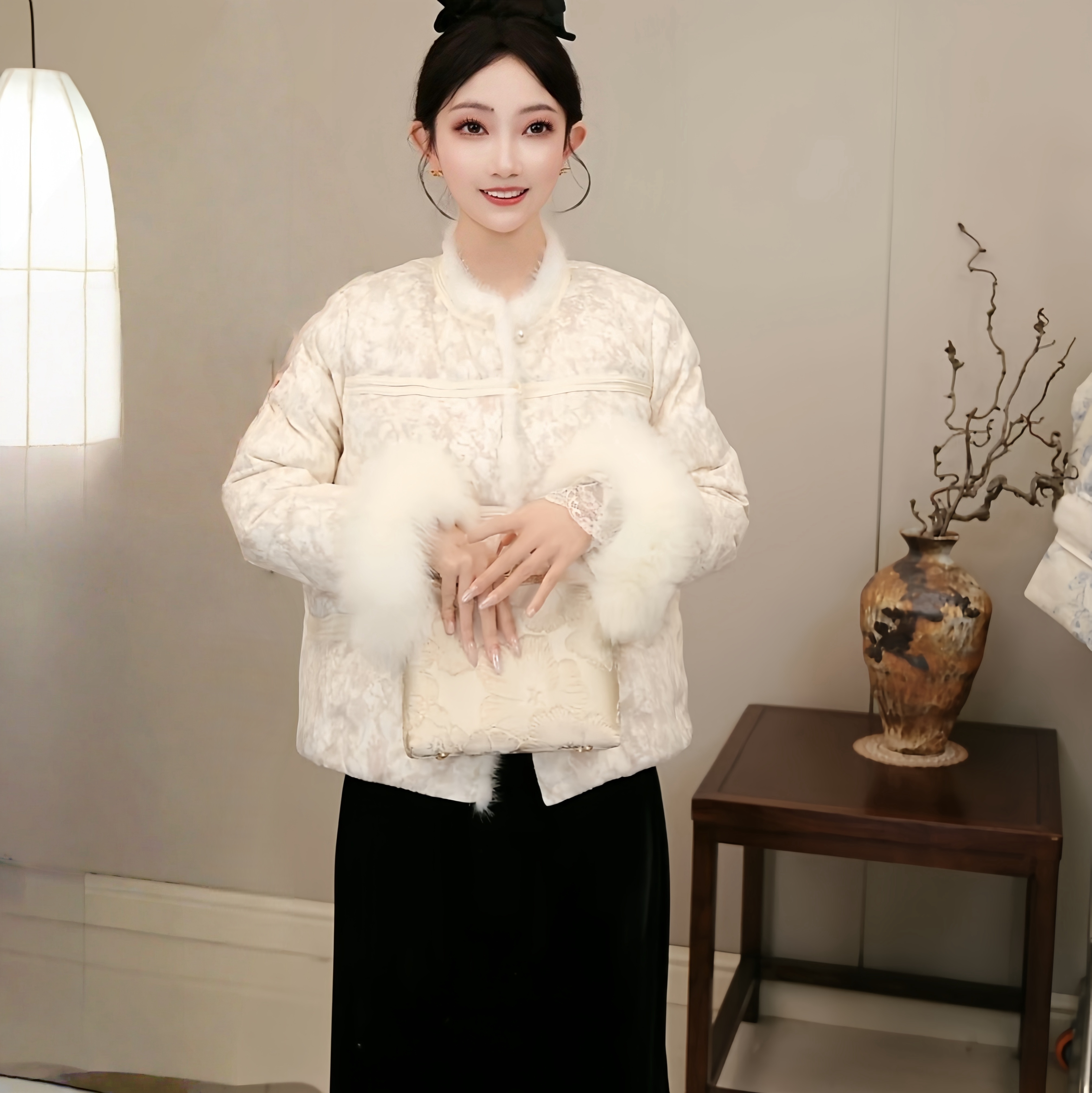 2025冬季新款国风百搭显瘦提花圆领时尚可拆卸真毛白鸭羽绒服外套