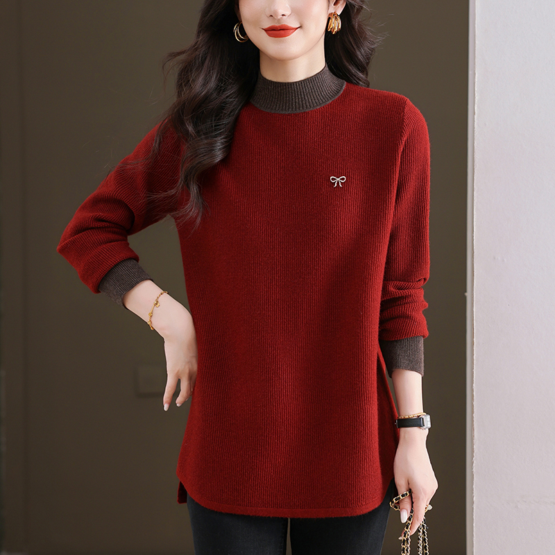 秋冬2025新款大码中长款毛衣女宽松遮肚显瘦洋气半高领针织打底衫