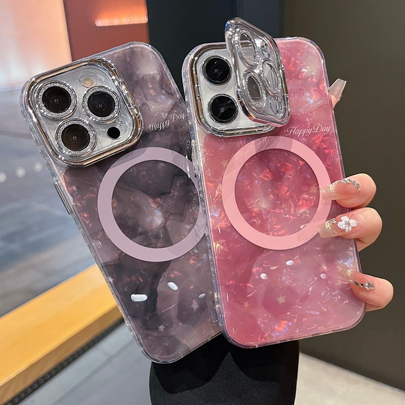 适用苹果系列iPhone16新款手机壳贝壳纹磁吸银灰色闪粉镜头支架
