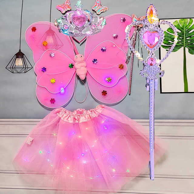 发光蝴蝶翅膀小女孩背饰闪光玩具奇妙仙子魔法棒花仙子三件套