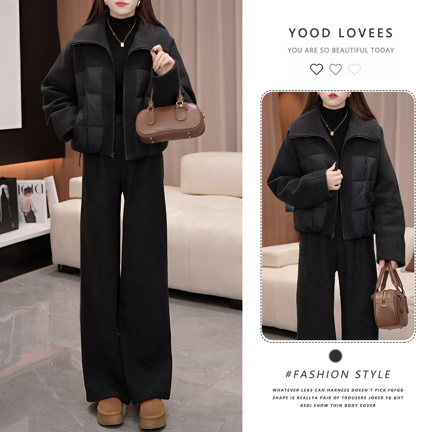 时尚舒适感棉服套装女2025新款冬装加厚毛呢拼接棉衣阔腿裤两件套