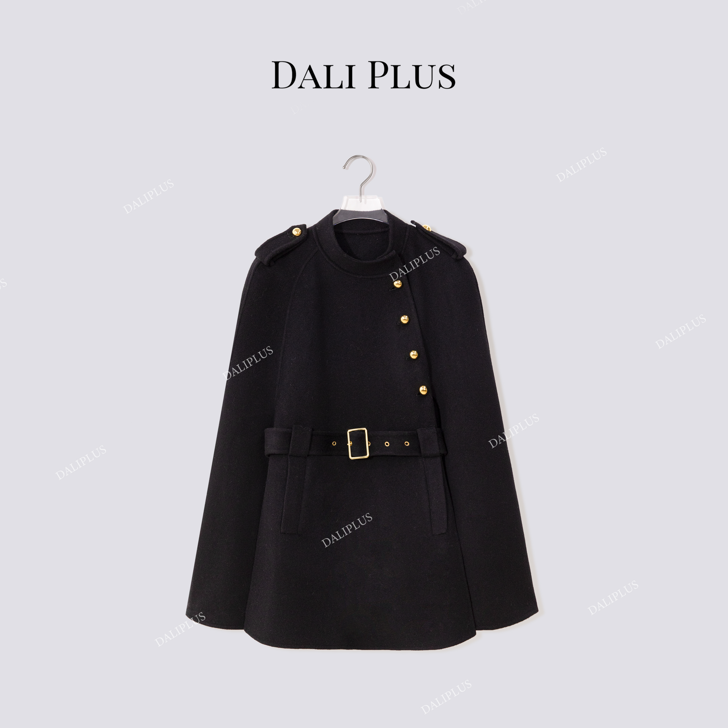 DALI PLUS“山羊绒黑金斜扣斗篷”双肩章腰带收腰呢大衣-D5CH5188