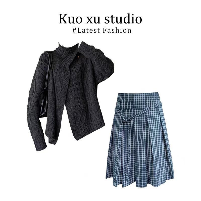 韩系早秋穿搭2025新款慵懒风麻花立领针织衫毛衣外套中长裙半身裙