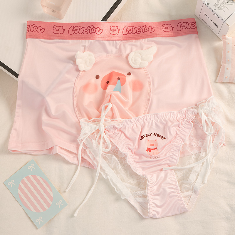 猪猪内裤~冰丝情侣内裤秋季一男一女性感网纱蕾丝可爱三角平角裤