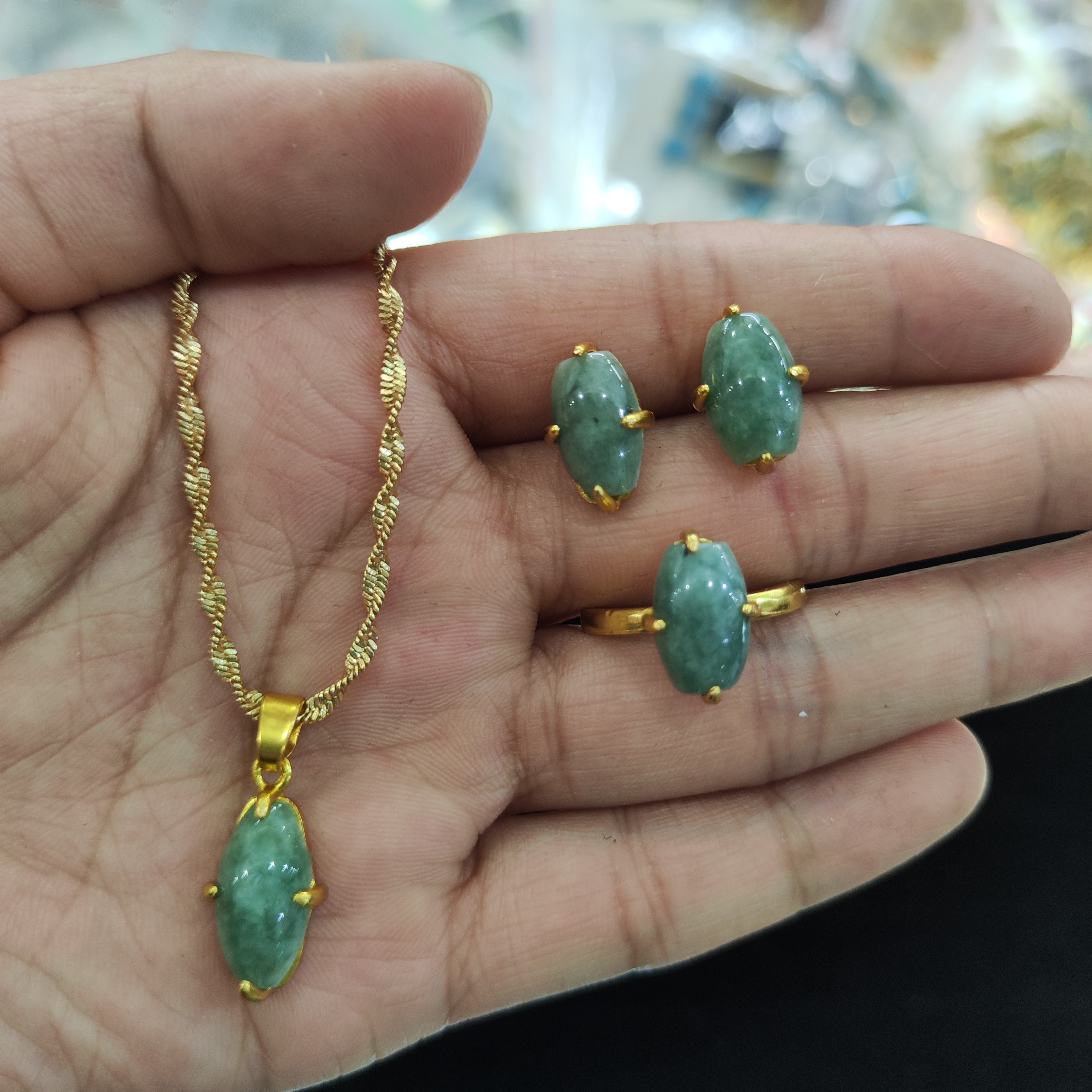 铜合金石英石耳饰 藏式民族风绿色镶嵌可调节精致耳饰时尚套装