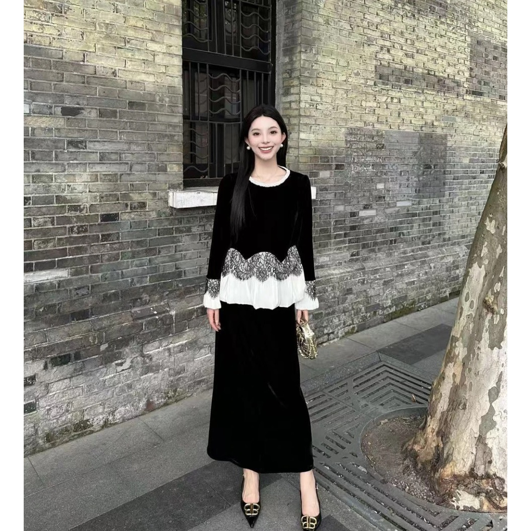 2025早秋新款洋气时尚百搭拼接蕾丝半身裙套装1060瑶