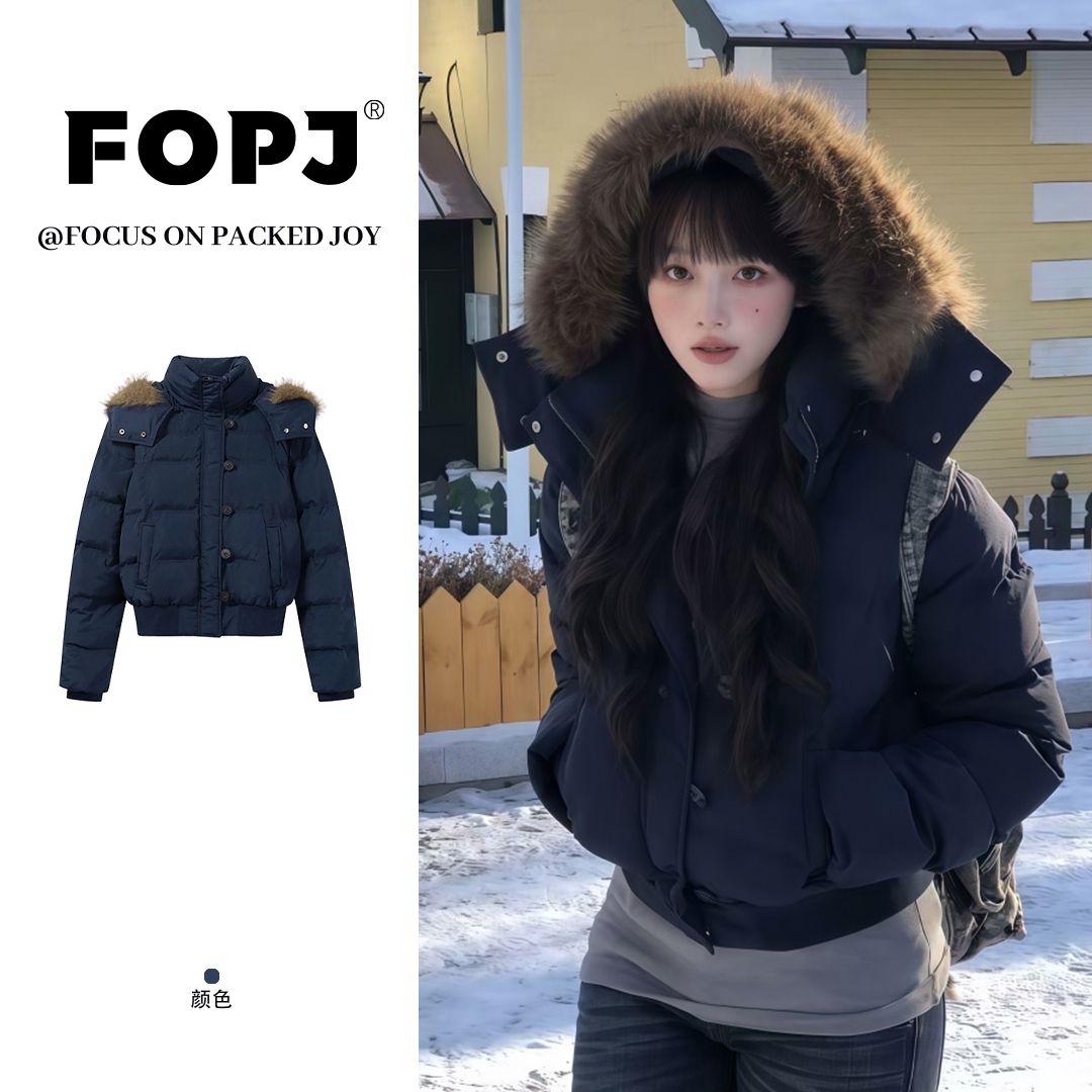 FOPJ韩版复古座山雕毛领短款连帽棉服外套女秋冬新款加绒保暖上衣
