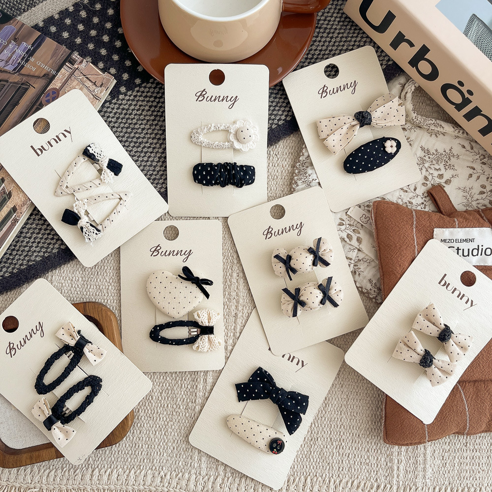 儿童棉麻黑白点点蝴蝶结发饰布艺蕾丝爱心气质发夹碎发侧边刘海夹