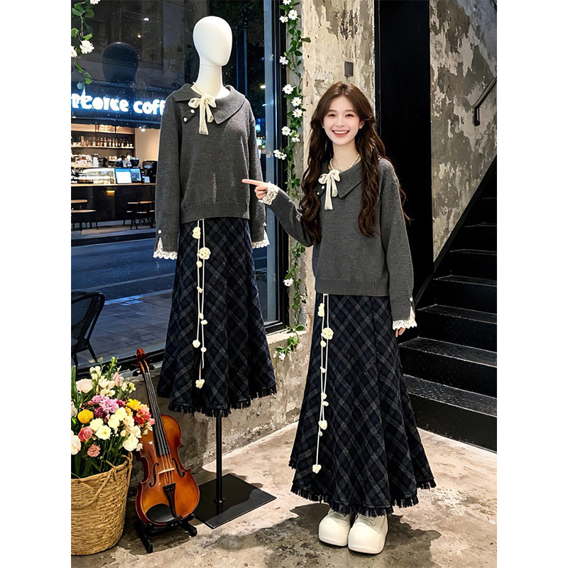 秋冬搭配一整套韩系穿搭灰色翻领拼接蕾丝针织上衣格纹半身裙套装