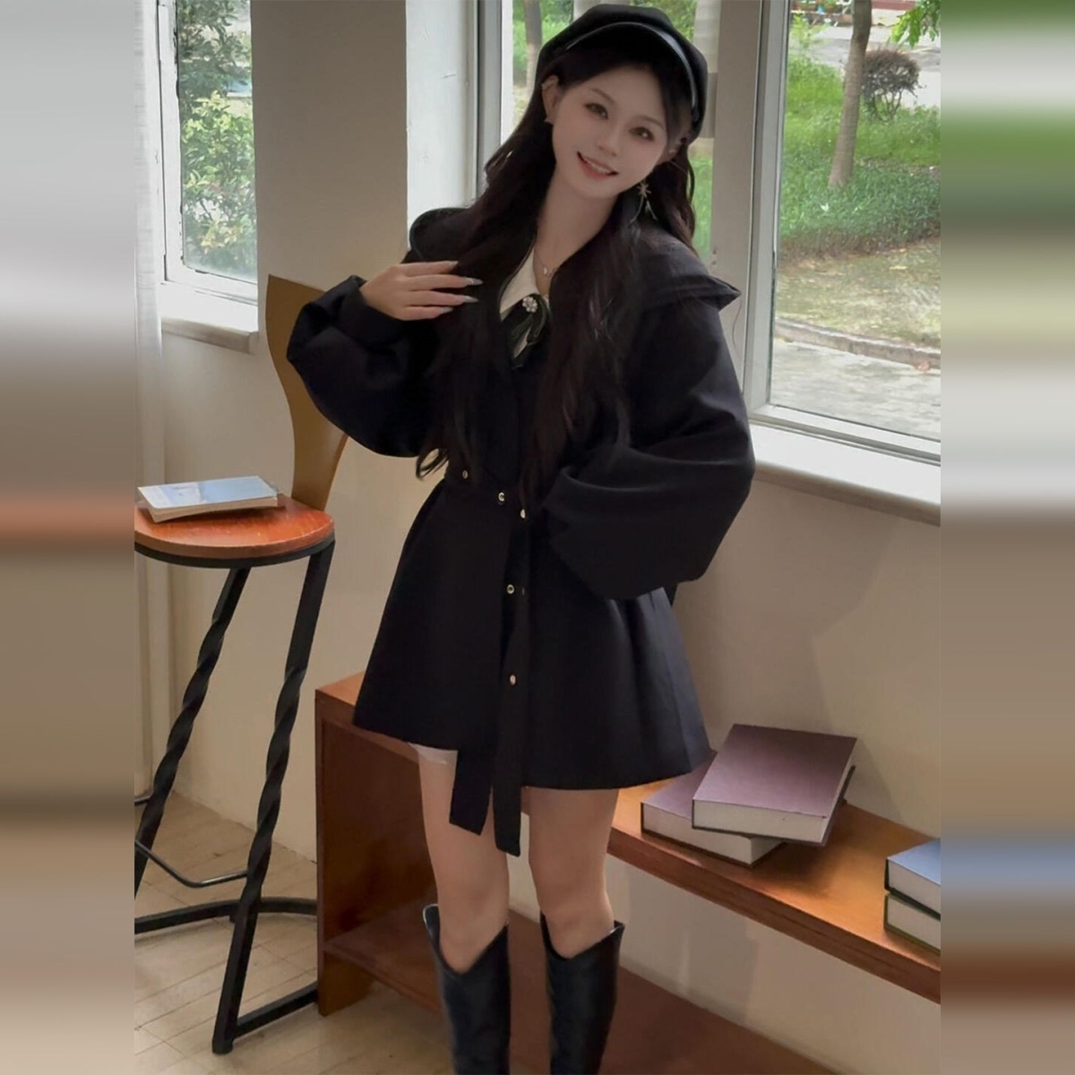 黑色连帽风衣外套女秋冬季2025新款爆款韩系氛围感穿搭小个子大衣