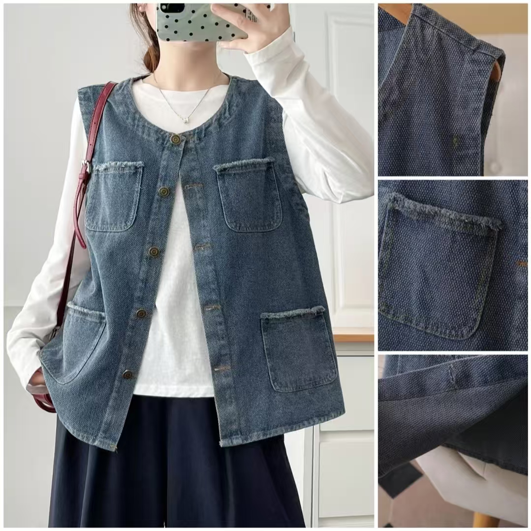 大码胖mm秋季新款设计感毛边口袋牛仔马甲背心女休闲坎肩外套977