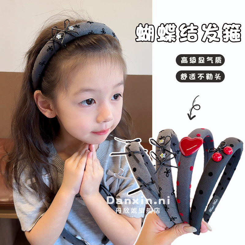 2025新款儿童灰色波点发箍蝴蝶结发饰女童刘海头箍女孩不勒头发卡