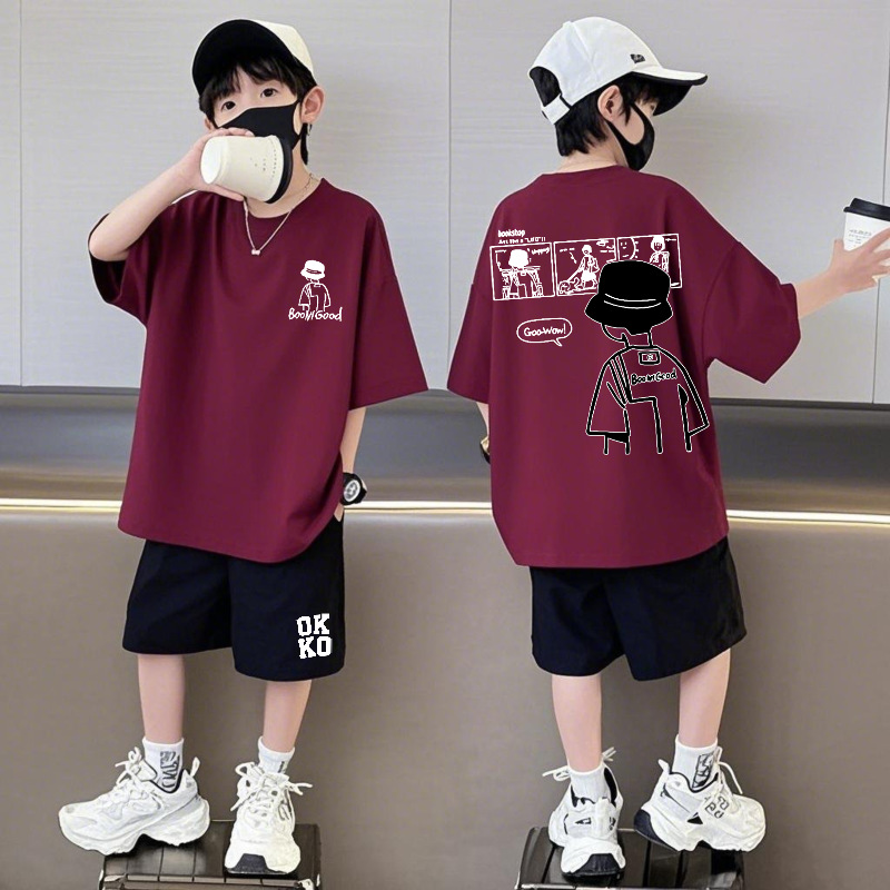 纯棉短袖短裤男童套装儿童宽松圆领夏季中大童潮流运动男孩两件套