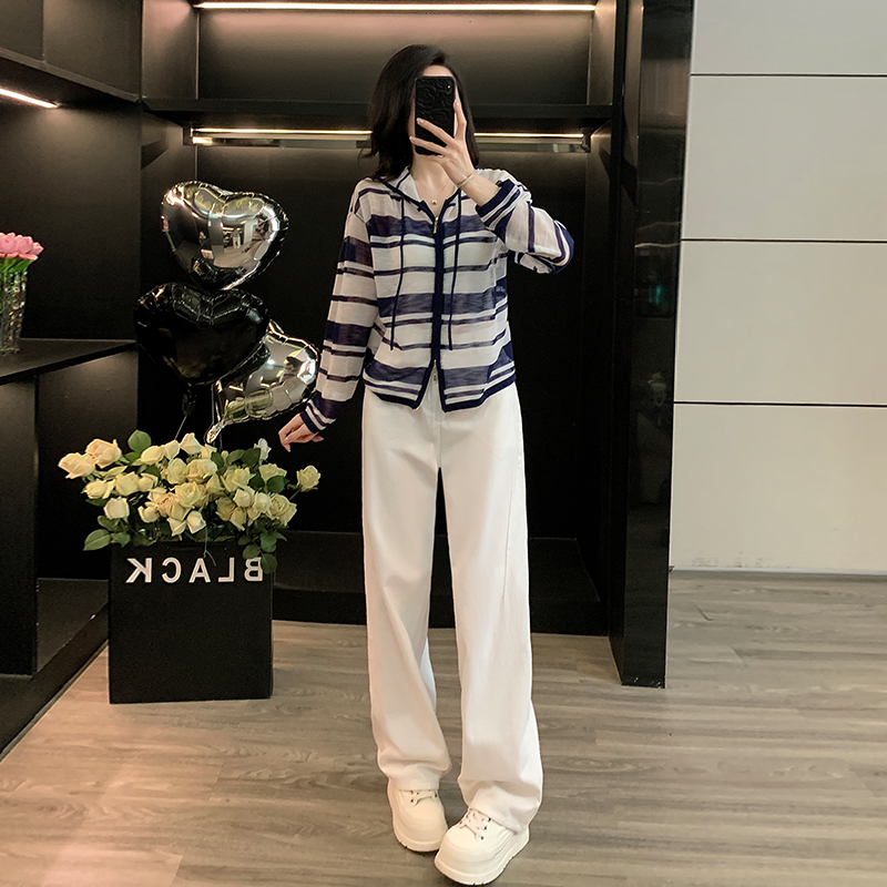 韩版时尚休闲套装女2025早秋新款百搭条纹针织防晒外套长裤两件套