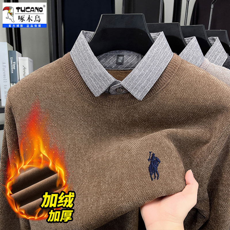 啄木鸟冬季男加绒加厚假两件毛衣中青年时尚休闲轻商务针织打底衫