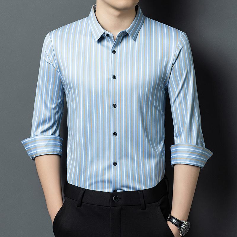 秋季新款男士爆款长袖高弹力竖条纹衬衫春秋时尚休闲韩版修身衬衣