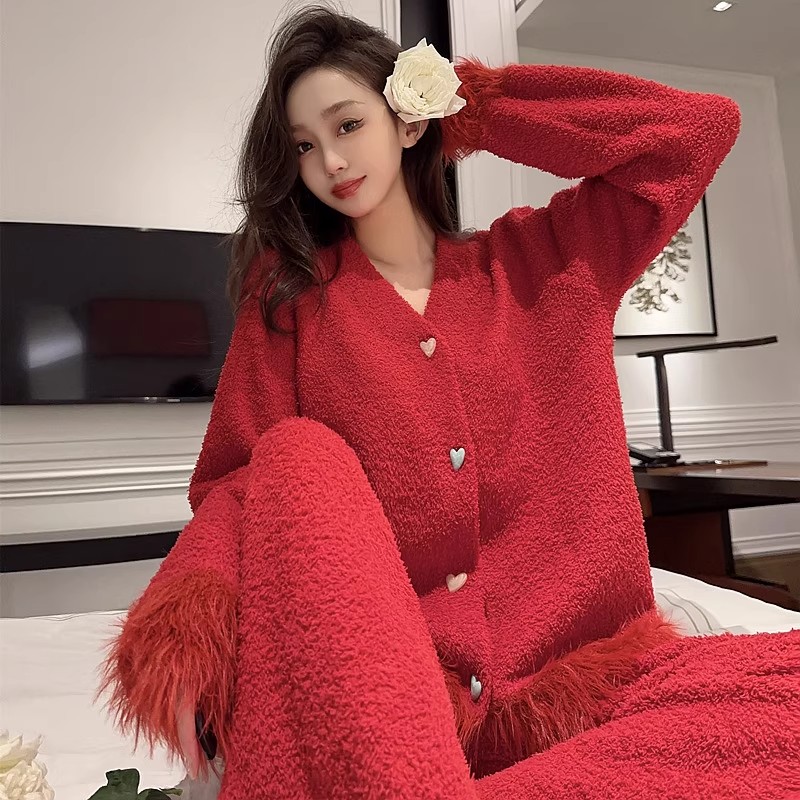 结婚本命年甜美红色半边绒高级软绵绵睡衣女秋冬季保暖可外穿春秋